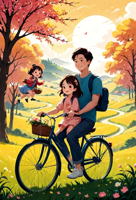 Young Chinese dad riding a bicycle, carrying a cute girl, riding in the field, full of smiles,beautiful spring scene, poster graphic design,flat illustration,warm color,zhang minmeis style,delicate details,high quality