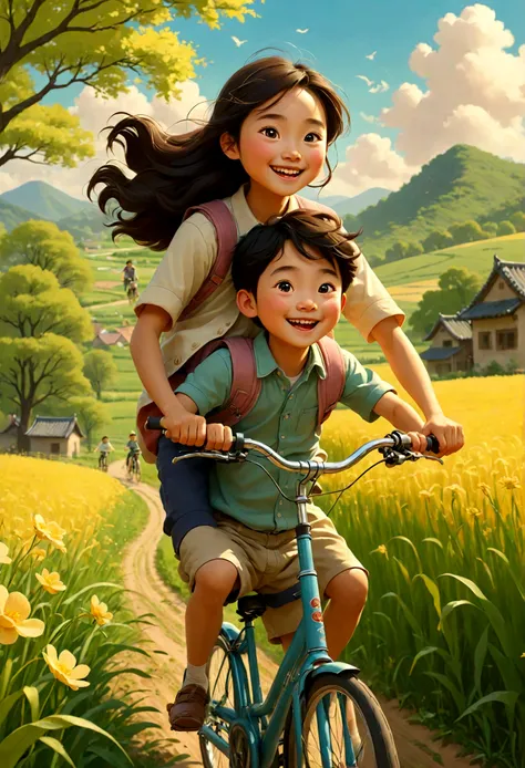 Young Chinese dad riding a bicycle, carrying a cute girl, riding in the field, full of smiles,beautiful spring scene, poster graphic design,flat illustration,warm color,zhang minmeis style,delicate details,high quality