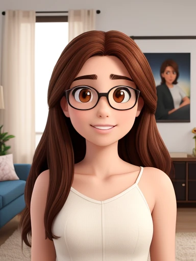 A 28-year-old woman, long brown hair, Round Face, Smile, and black eyes, average face, wear glasses, naked, living room