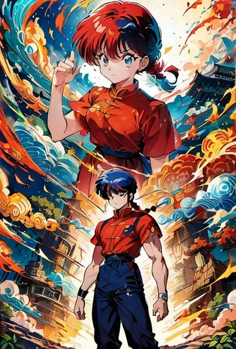 ((two people in chinese style: a man is standing behind the woman)),woman,male,(ranma, ranmaw),(1 pigtail),ranma 1/2,combat pose...