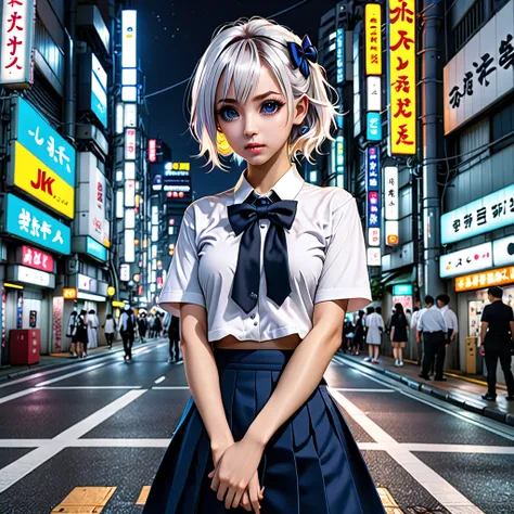 (8k, RAW photo, masterpiece:1.3), (realistic, photo-realistic:1.37), (night), (looking at viewer:1.331), (white hair), posing, Tokyo street, nightcityscape, cyberpunk city, soft light, 1girl, extremely beautiful face, bust, put down hands, Random hairstyle...