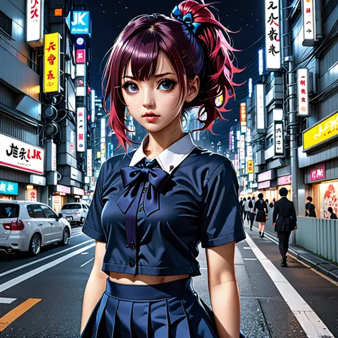 (8k, RAW photo, masterpiece:1.3), (realistic, photo-realistic:1.37), (night), (looking at viewer:1.331), (bloody hair), posing, Tokyo street, nightcityscape, cyberpunk city, soft light, 1girl, extremely beautiful face, bust, put down hands, Random hairstyl...