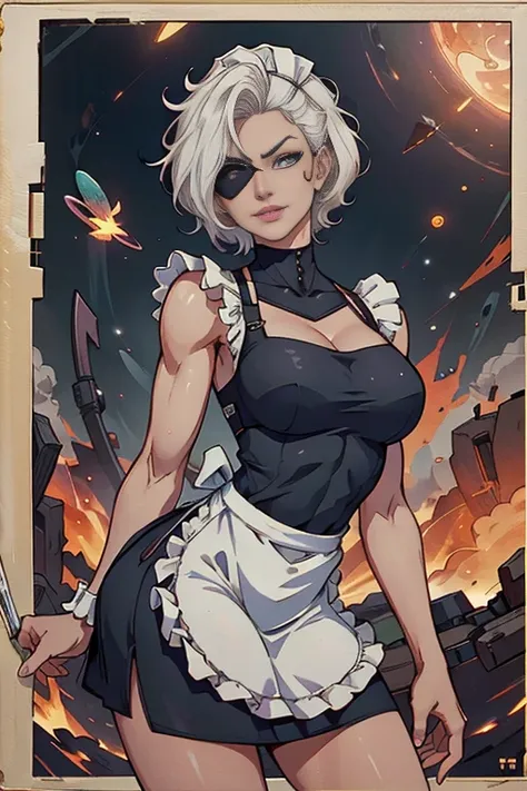 Beautiful female cyborg soldier wearing maid clothes、Short white hair、Muscular、Six Pack Abaid clothes:1.8)、(White ruffled apron:1.4)、Facial blemishes、Eye patch、（Engage in a gunfight with space gangsters:1.55）、Smirking expression、Dynamic configuration、detai...