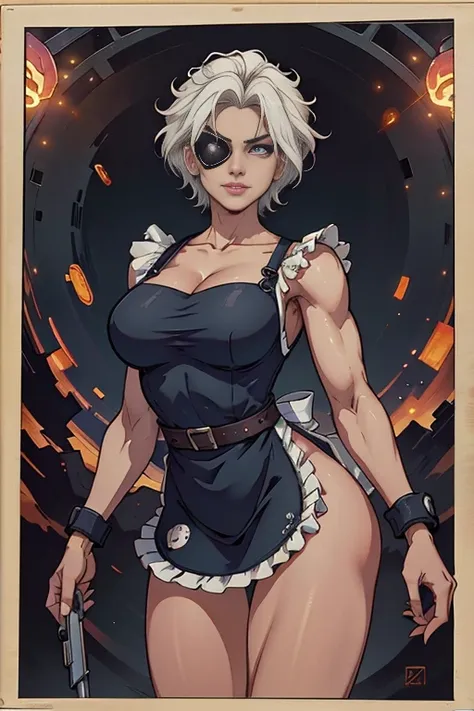 beautiful female cyborg soldier wearing maid clothes、short white hair、muscular、six pack abaid clothes:1.8)、(white ruffled apron:...