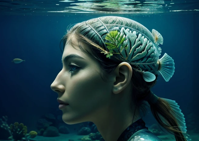 A transparent human face side view with the representation of the brain as an underwater plant  and the skin on the face having scales of a fish 