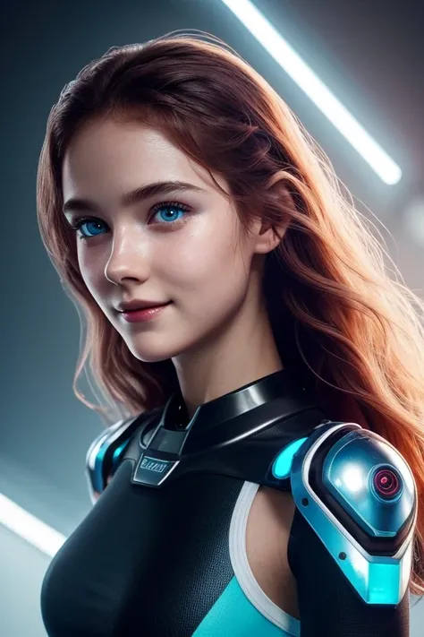 16 years old robo girl, beautiful big striking blue eyes, delicate black eyebrows, rosy cheeks, red lips, smiling face very white skin, long wavy orange hair cascading around her face and shoulders, detailed eyelashes, photorealistic cyberpunk style, perfe...