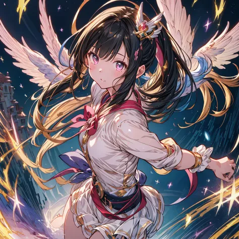 highest quality、最高masterpiece、Ultra-detailed eyes、(((One girl))),Dynamic composition、Magical girl、Angel&#39;s wing、One girl, alone, Milky white short hair, Magic wand, wing, Black background, sword, Knee socks, Holding, skirt, hair ornaments, gloves, boots...