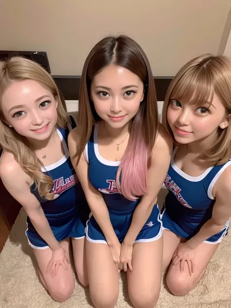 (8k,high resolution,high quality,High resolution,masterpiece),(From above),(Face Focus),Three cheerleaders in the bedroom,Kneel before me and surround me,Look up and smile,pretty girl