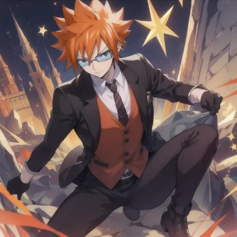 masterpiece, best quality, , 1boy, solo, male focus, looking at viewer, full body, , ligne claire, , loki_fairy_tail, orange hair, black eyes, leather gloves, spiked hair, waistcoat, fairy_tail,