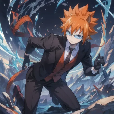 masterpiece, best quality, , 1boy, solo, male focus, looking at viewer, full body, , ligne claire, , loki_fairy_tail, orange hair, black eyes, leather gloves, spiked hair, waistcoat, fairy_tail,