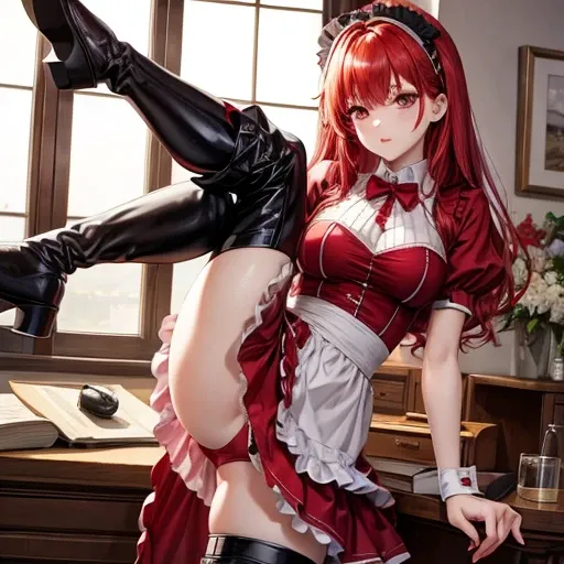 Redhead　Maid clothes　Morbid paleness　Red Eye　Knee-high boots　Doing a high kick