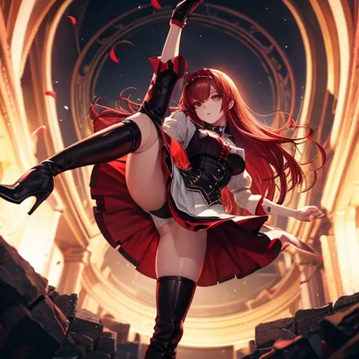 Redhead　Maid clothes　Morbid paleness　Red Eye　Knee-high boots　Doing a high kick