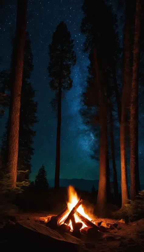 A campfire burning brightly at night in a forest, surrounded by logs and rocks. The flames are dancing, casting a warm glow and illuminating the nearby trees and ground. The night sky is visible above with stars twinkling faintly. The atmosphere is cozy an...