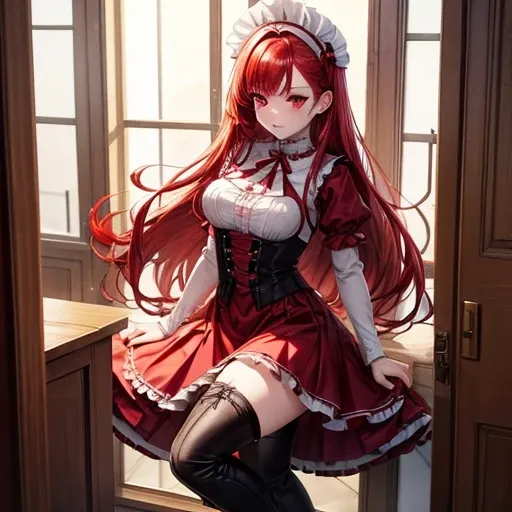 Redhead　Maid clothes　Morbid paleness　Red Eye　Knee-high boots　