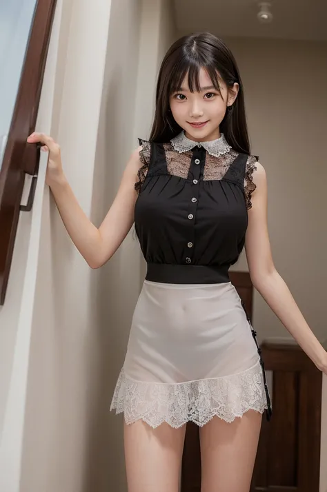 (high quality)、(high resolution)、Professional Lighting、Three 10-year-old girls、Three elementary school students、Young face、Thin and beautiful legs、Narrow waist、(Big Breasts:1.5)、whole body、(smile:1.1)、(A classy, see-through, sleeveless, lace blouse with bu...