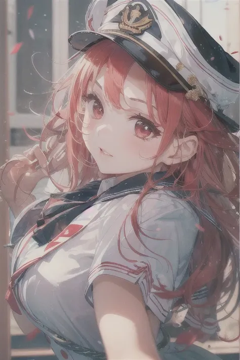 1 girl, Redhead, Facial hair, Red eyes, sexy、erotic、High Contrast、cute、highest quality, Super detailed,  The most delicate and beautiful, High resolution, (highest quality,4K,8k,masterpiece:1.2),Sailor suit、uniform、Thighs