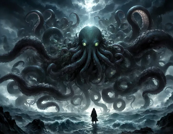 a dark fantasy scene depicting the terrifying creature cthulhu,emerging from the abyss. the monstrous figure,shrouded in shadows...