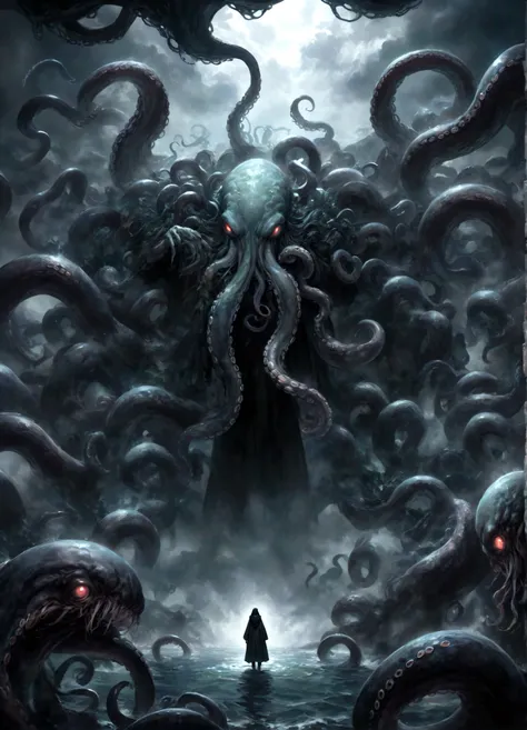 a dark fantasy scene depicting the terrifying creature cthulhu,emerging from the abyss. the monstrous figure,shrouded in shadows...