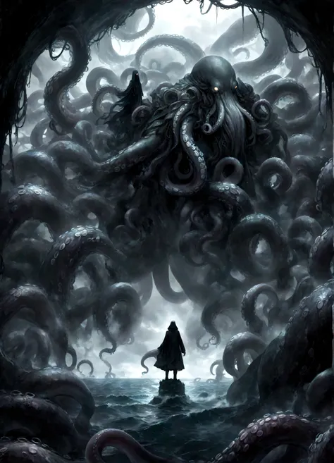 a dark fantasy scene depicting the terrifying creature cthulhu,emerging from the abyss. the monstrous figure,shrouded in shadows...