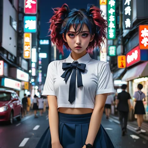 (8k, RAW photo, masterpiece:1.3), (realistic, photo-realistic:1.37), (night), (looking at viewer:1.331), (bloody hair), posing, Tokyo street, nightcityscape, cyberpunk city, soft light, 1girl, extremely beautiful face, bust, put down hands, Random hairstyl...