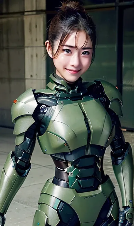 18-year-old、Textured skin, Super detailed, Attention to detail, high quality, 最high quality, High resolution, 1080p, hard disk, beautiful,(War Machine),beautifulサイボーグ女性,Dark Green Mecha Cyborg Girl,Battle Mode,Girl with a mechanical body,She is wearing a f...