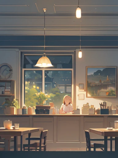 (coffee shop, cafe, coffee, cafe latte, relax mood), early summer air, aesthetic, Ghibli background style, cute storybook illustration, gentle soft lighting, Giorgio Morandi Colors, thick line graph, full-color illustration, cover illustration, scenery, da...