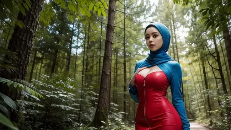 HD, masterpiece, 4k, 1 girl in the forest with detailed hijab,  showing flat chest, with zipper blue and red bodycon dress, cleavage, with aroused,