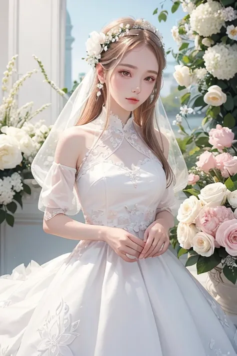 A beautiful and clear-skinned woman、White skin、White and pink flowers、White Dress、Transparent floral background、Holding a beautiful flower