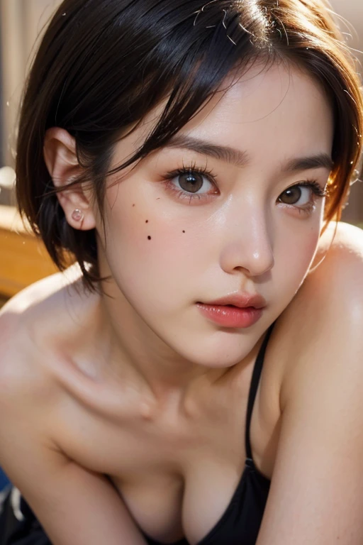 ((8k, highest quality, masterpiece、Realistic、Ultra-high resolution))、((Japanese women))、((Black Short Hair))、(Small breasts)、(((Eye corners are((one))mole)))、((Face is golden ratio))、Beautiful Face、Beautiful Eyes、Delicate body、Gorgeous body、Beautiful face、...