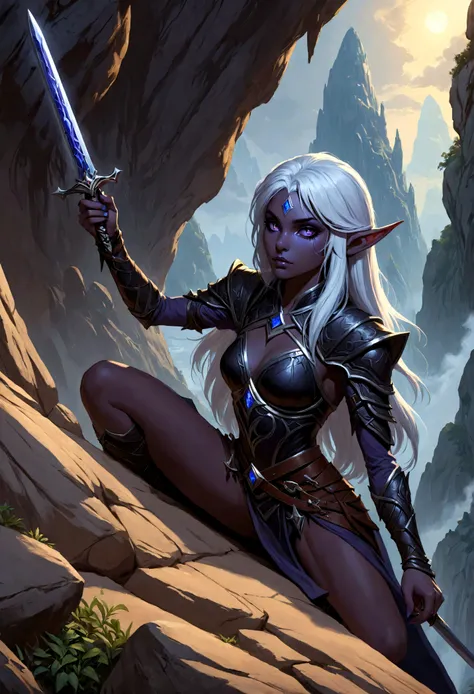 Close-up of a man holding a sword near the rocks,climb岩，climb， Noah Bradley (Noah Bradley) Inspiring Portraits, cg social hot spots, Fantasy Art, Drow, Drow ranger, female Drow elf, perfect Drow, handsome Drow, Dark Elves maiden, Dark Elves, Portrait of Dr...