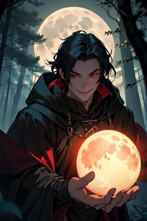 A close up shot of a smiling vampire in medieval times looking straight with bright red eyes and short black hair in a forest at night with moon wearing a hood