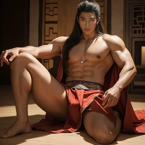 Realistic,Hot muscular Male concubine in the Han dynasty on his knees with legs spread apart showing off his huge bulge, wearing ancient revealing Chinese dress with long hair and masculine features.Battle scars