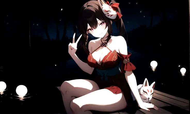 a beautiful girl (sparkle, honkai star rail), twintail dark brown hair ( tied with red ribbon), red short yukata with intricate motifs, fox mask, sitting on the edge of a dock by a forest lake, gazing at the viewer with enticing eyes, alluring smile, firef...