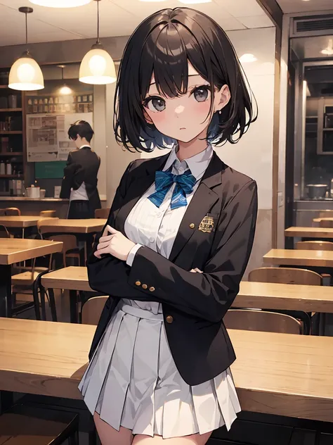 In one girl、fun、High school blazer with popular design、shirt、pleated skirt、white skirt、（small breasts ) restaurant ,black short hair, black eyes happy