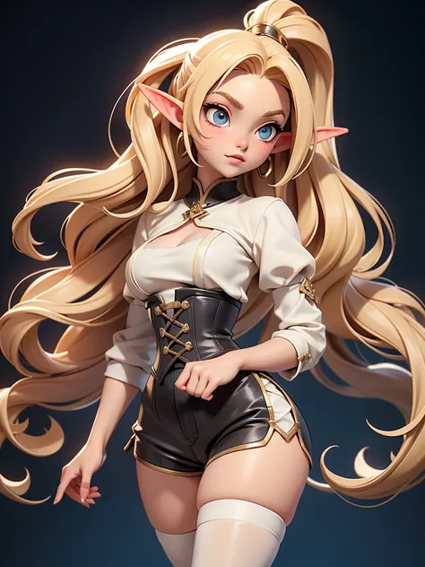 a beautiful and youthful-looking elf of 200+ years. She often sports white-blonde hair in heavily defined ringlets with high pony. In body, she has a curvy figure with small breasts, wide hips and shapely legs. Her eyes are a light reddish-brown and she sp...