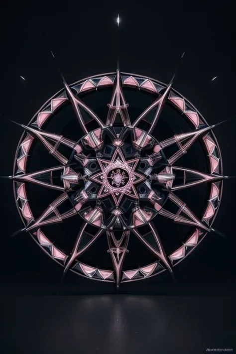 A beautiful creature that is growing from a eight pointed star in the center, growing like a biomechanical organism, pale pink, black and metallic silver,like a living organism, shining bright, growing in symmetrical designs and arabesques, adorned with bl...