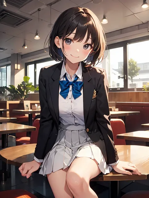 In one girl、fun、High school blazer with popular design、shirt、pleated skirt、white skirt、（small breasts ) restaurant ,short hair, black eyes, smiling, sitting in front of me