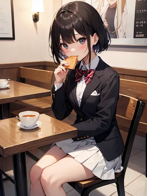 In one girl、fun、High school blazer with popular design、shirt、pleated skirt、white skirt、（small breasts ) restaurant ,short hair, black eyes, happy, sitting in fron of me in a chair while she is eating