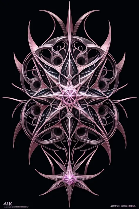 A beautiful creature that is growing from a eight pointed star in the center, growing like a biomechanical organism, pale pink, black and metallic silver,like a living organism, shining bright, growing in symmetrical designs and arabesques, adorned with bl...