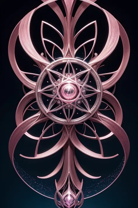 A beautiful creature that is growing from a eight pointed star in the center, growing like a biomechanical organism, pale pink, black and metallic silver,like a living organism, shining bright, growing in symmetrical designs and arabesques, adorned with bl...