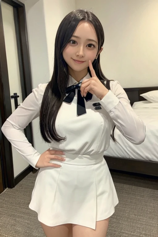 Gravure idol pose　Hotel　uniform　White clothes　high resolution　Not too small bust　Black Mini Skirt　Skirts should be shortened　Height: 158cm