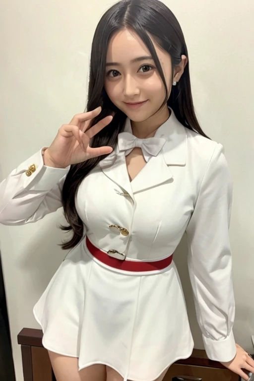 Gravure idol pose　Hotel　uniform　White clothes　high resolution　Not too small bust　Black Mini Skirt　Skirts should be shortened　Height: 158cm