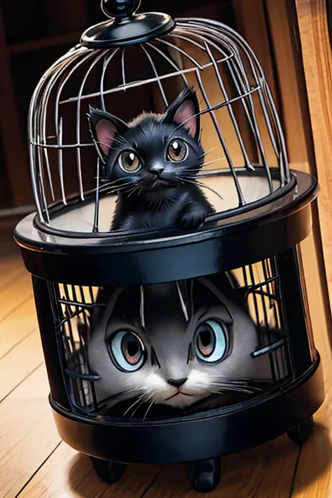 1 black kitten、Black hair only、In a cage at a pet store、Drops of water falling from the eyes、Sad expression