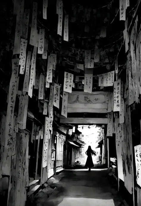 Black and white photography、Real Stick、Woman with long hair、run away、Run at full speed、scared、The background is a shrine、old buildings、night