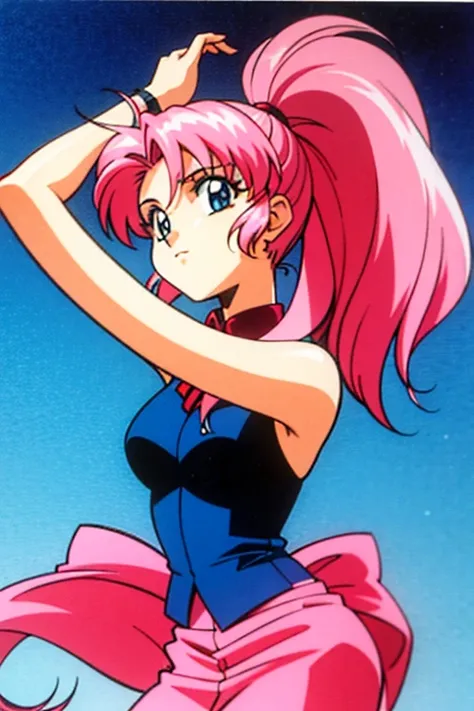 90s anime character pink haired girl dancing in a club、The background should be pure white so that it can be cut out.