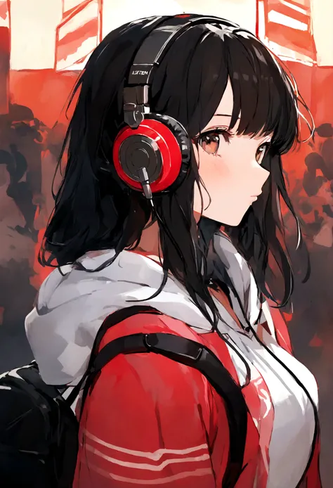 Studio Ghibli style、arafed asian girl Wearing headphones and a backpack, Emma Andiewska album cover, pexels, realism, girl Wearing headphones, Wearing headphones, With headphones, Wear a headset, 現代のWearing headphones, With headphones, listen to music, Wea...