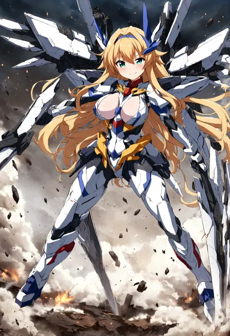 (masterpiece),(highest quality),A sci-fi battle girl wearing large weaponized armor is under attack,Armor parts break and fly apart,Damage Representation,pain,Large Breasts ,Exposed Skin,((whole body)),smile,Mechanical Wings,Giant sword,Big Leg attachments...