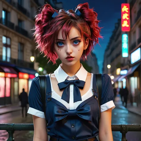 (8k, RAW photo, masterpiece:1.3), (realistic, photo-realistic:1.37), (night), (looking at viewer:1.331), (bloody hair), posing, Paris street, nightcityscape, cyberpunk city, soft light, girl, extremely beautiful face, bust, put down hands, Random hairstyle...