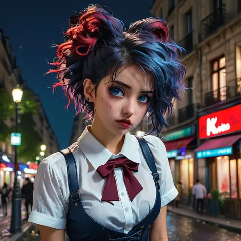 (8k, RAW photo, masterpiece:1.3), (realistic, photo-realistic:1.37), (night), (looking at viewer:1.331), (bloody hair), posing, Paris street, nightcityscape, cyberpunk city, soft light, girl, extremely beautiful face, bust, put down hands, Random hairstyle...