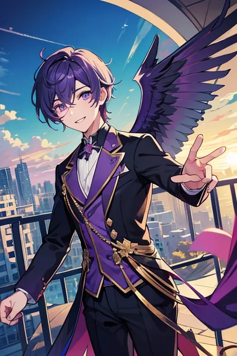 pretty boy, in a balcony, all body, masterpiece, colorful, super detailed, purple eyes, details eyes, happy face ,fix anatomy, HD wallpaper, six angle black wings,